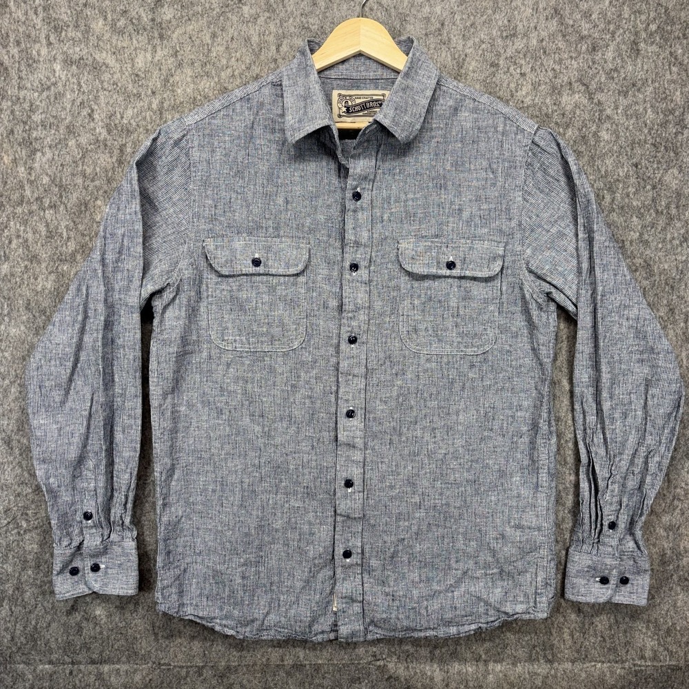 Schott NYC Cotton Linen Shirt Men's Medium Long Sleeve‎ Button Up Striped SH2304